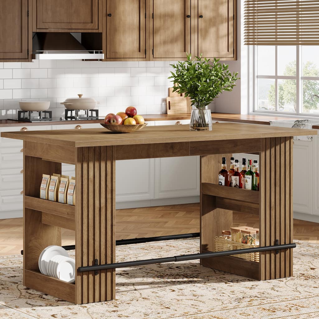 63 Inch Island Table for Kitchen, Kitchen Bar with Dual Side Storage Shelves and Footrest - 62.99" L x 31.5" W x 37.4" H