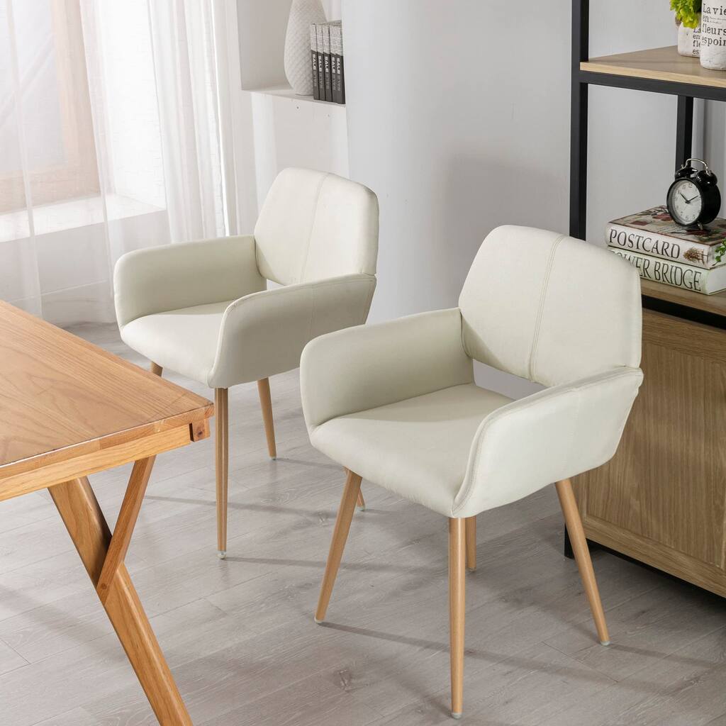 Small Modern Living Dining Room Accent Chairs Fabric Mid-Century Upholstered Side Seat (Beige, 2 PCS) - as picture