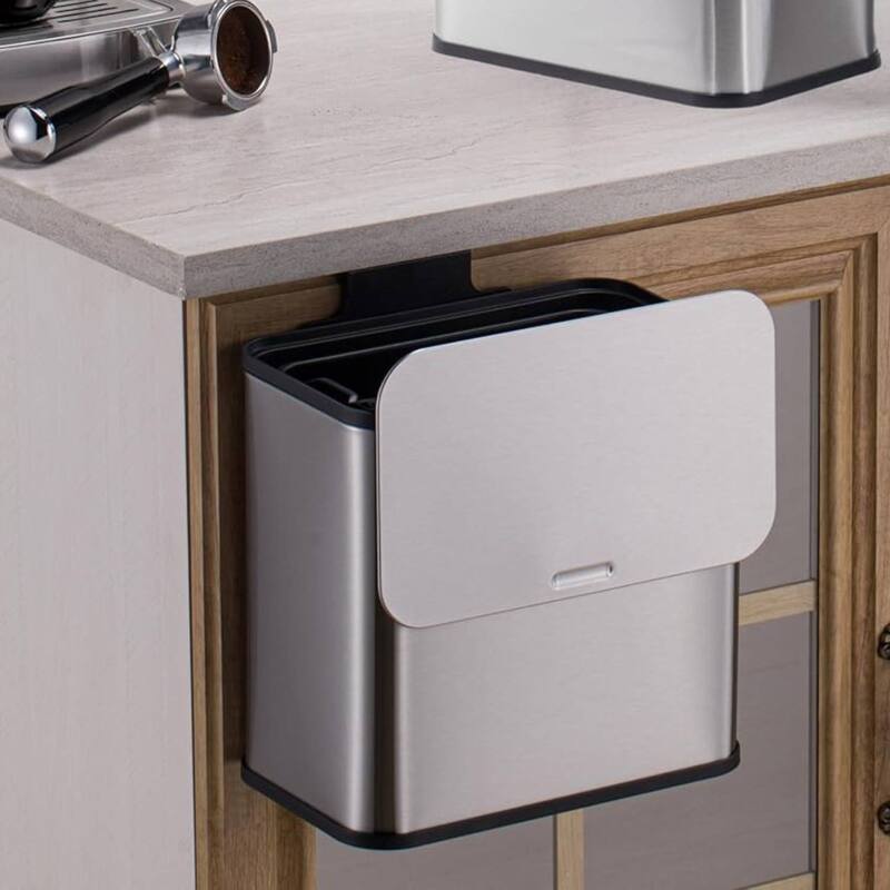 1.3 Gallon Hanging Kitchen Trash Can with Lid, Wall-Mounted Waste Bin - Silver