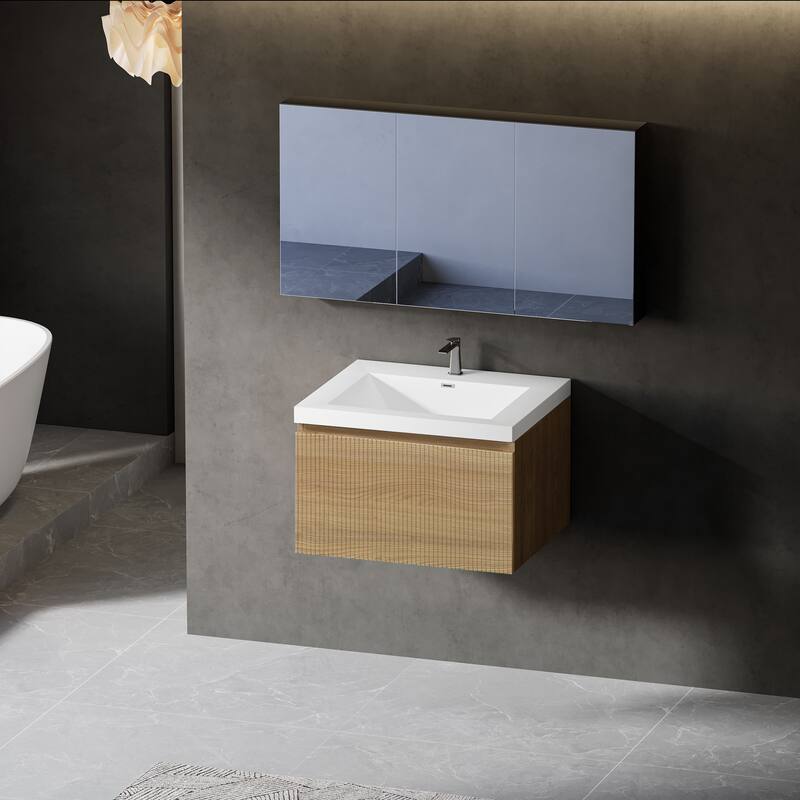 GDFStudio - Camden 24-Inch Floating Bathroom Vanity with Solid Surface Basin and Fluted Storage Drawer