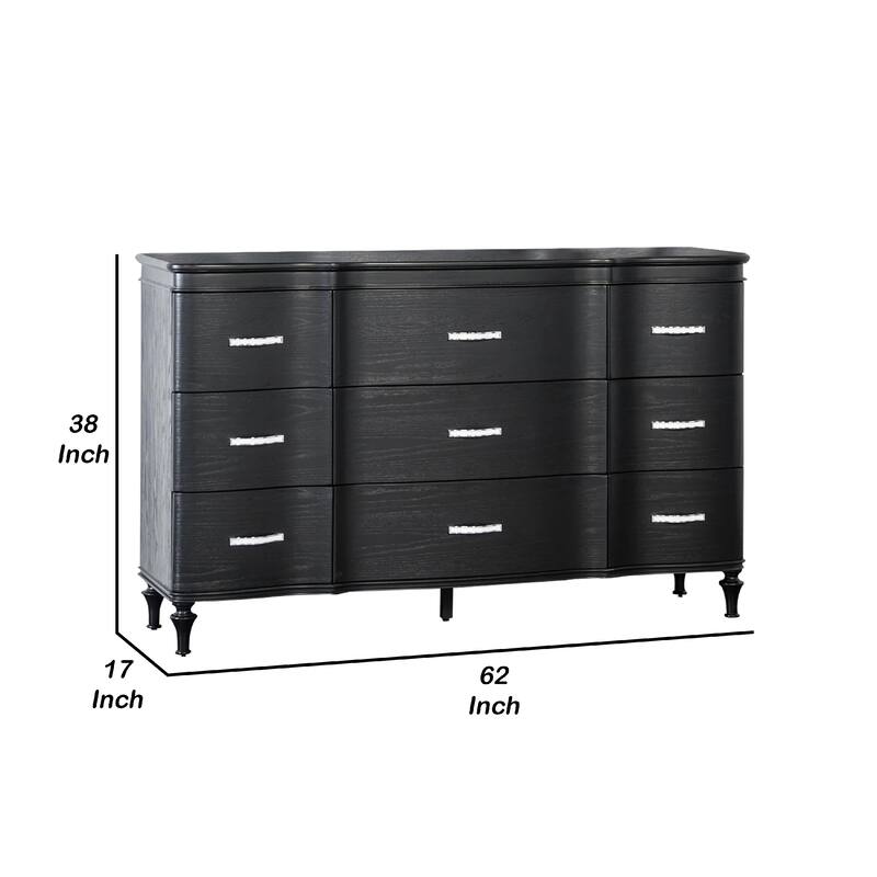 Eleena 6 Drawer Wide Dresser, Black Solid Wood, Acrylic Handles