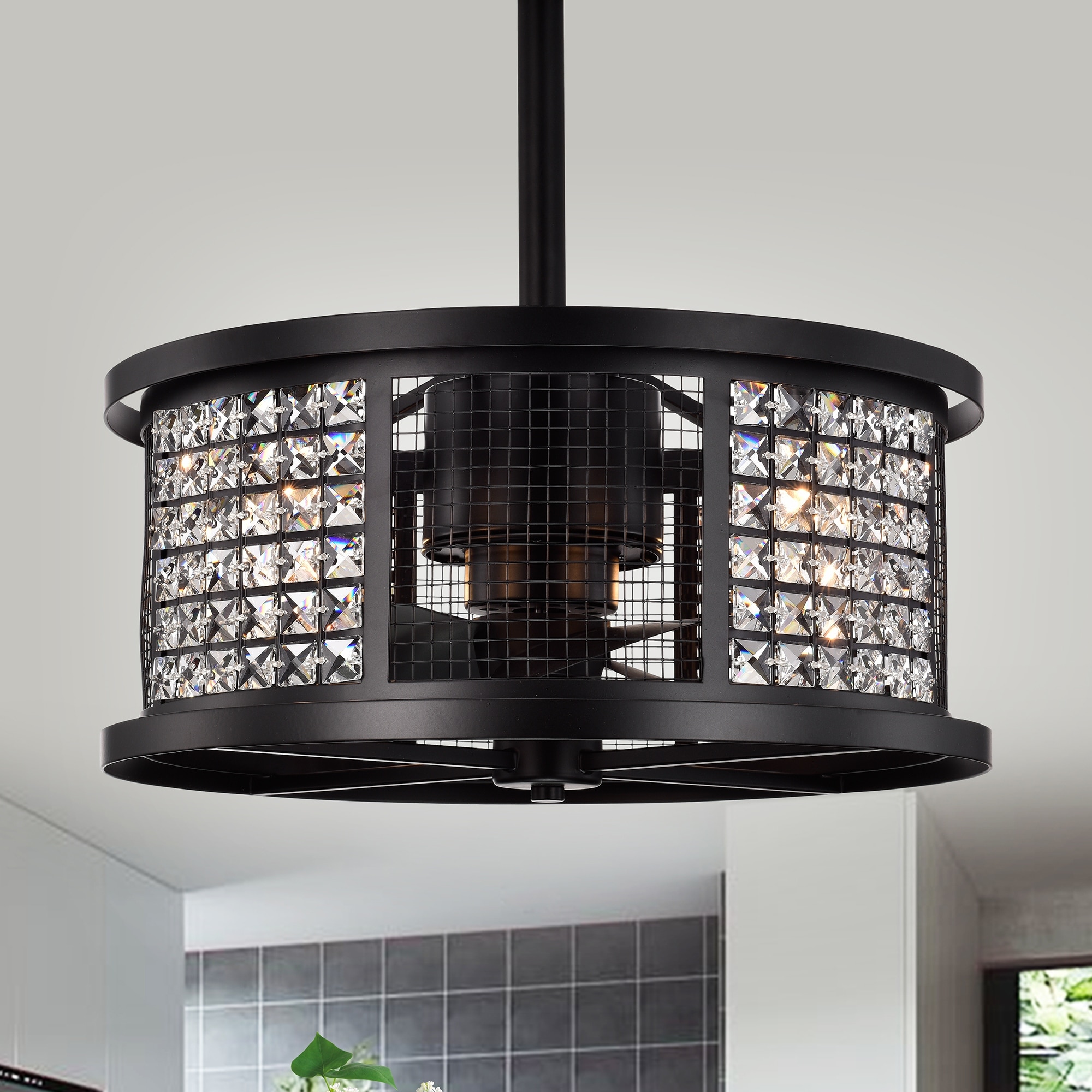 Warehouse of Tiffany Lacey Matte Black Ceiling Fan19-Inch 4-Light Geometric Metal & Crystal Drum Shade (Includes Remote)