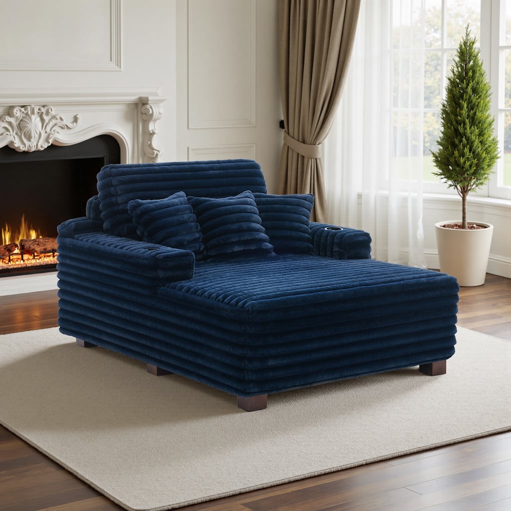Indoor Oversized Plush Chaise Lounge with Pillows and Cup Holder