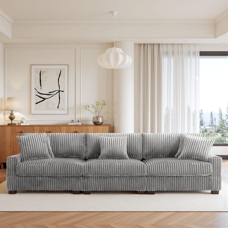 118" W Upholstered Plush Corduroy 3 Seater Sectional Sofa Couch - Grey - Symmetrical