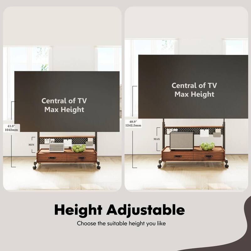 FITUEYES Mobile TV Stand for 70-100 inch Large TVs, Height Adjustable and Multi-functional with Wooden Large Drawer Storage