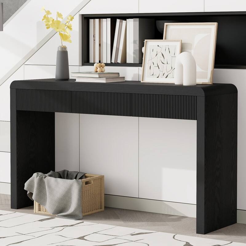 Rustic Console Table with 3 Fluted Drawers - Solid Wood Veneer Entryway Table Featuring Natural Wood Grain for Living Room