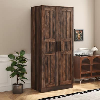 Modern 2-Door Wooden Wardrobe with LED and 4 Storage Shelves Armoire Clothes Storage Cabinet for Bedroom