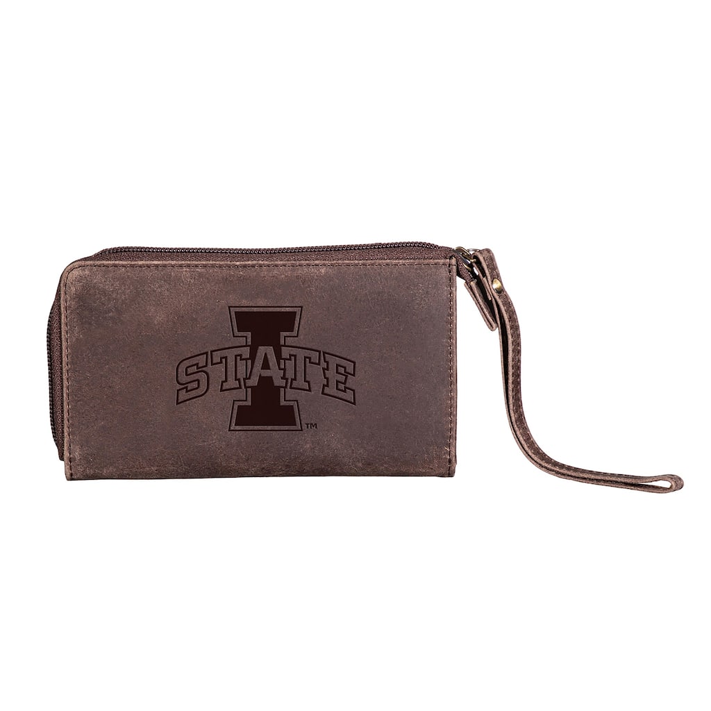 Brown Leather Cell Phone Wristlet Wallet, Iowa State University - 4" x 7"