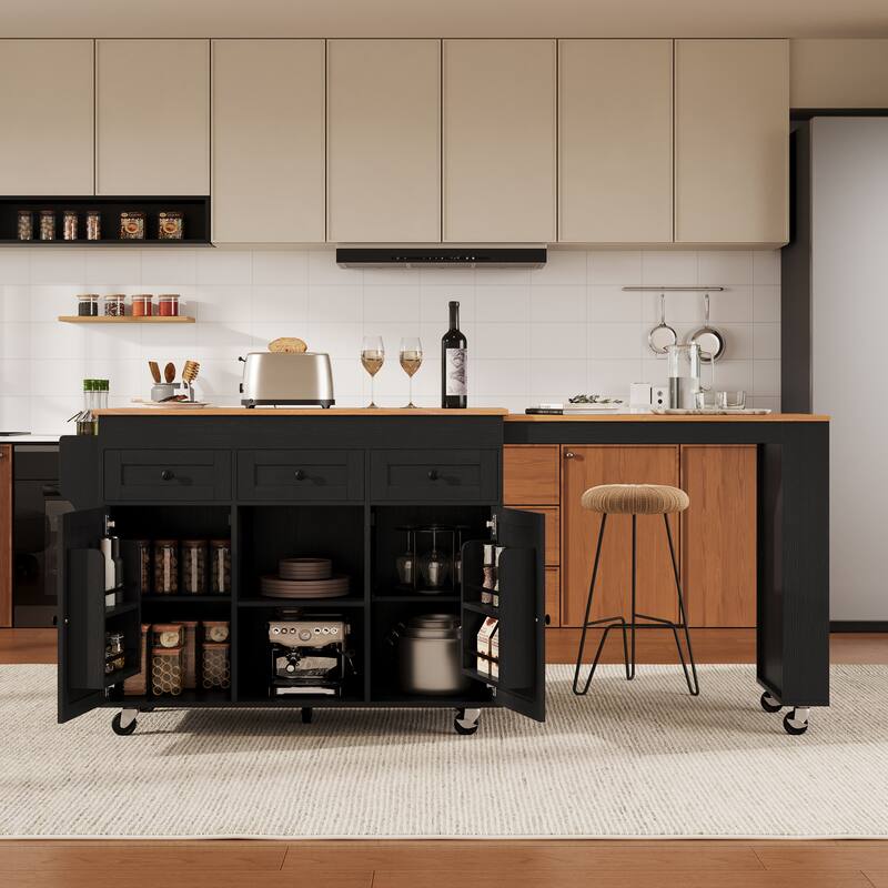 Roomfitters 85.5" Rolling Kitchen Island with 40.9" Extendable Dining Table, Power Outlet, 3 Drawers & 2 Doors