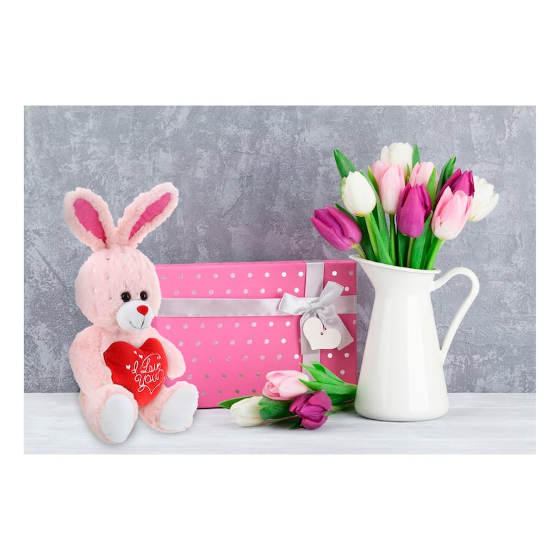 DolliBu I LOVE YOU Sparkling Plush Cute Rose Gold Bunny with Heart - 8 inches