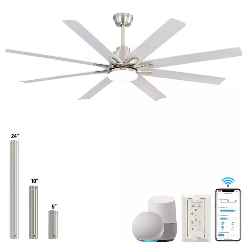 66" Large Industrial Windmill Smart Ceiling Fan with Light, App and Remote Control, Dimmable LED - 66 Inch Span - Nickel with White