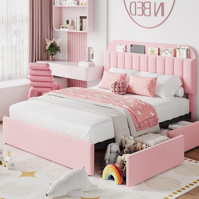 Upholstered Platform Bed with Storage Drawers and Bookcase Headboard, Noise-Free and Easy Assembly - Queen - Pink