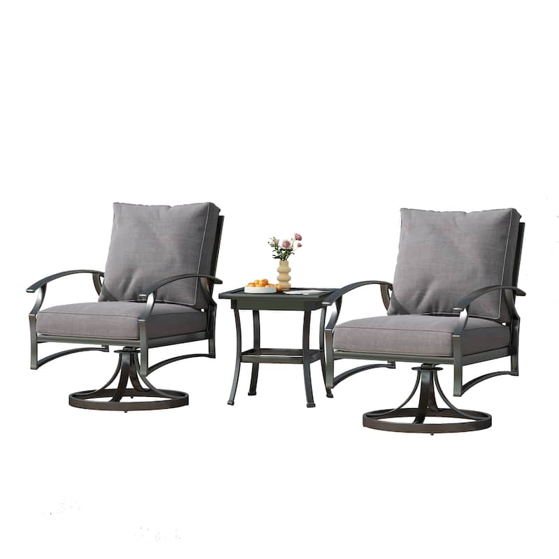 3 Piece Patio Metal Swivel Chair Seating Group with Side Table