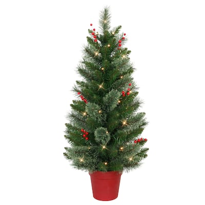 Puleo International Set of 2, 3.5 ft. Pre-Lit Decorated Potted Artificial Christmas Trees