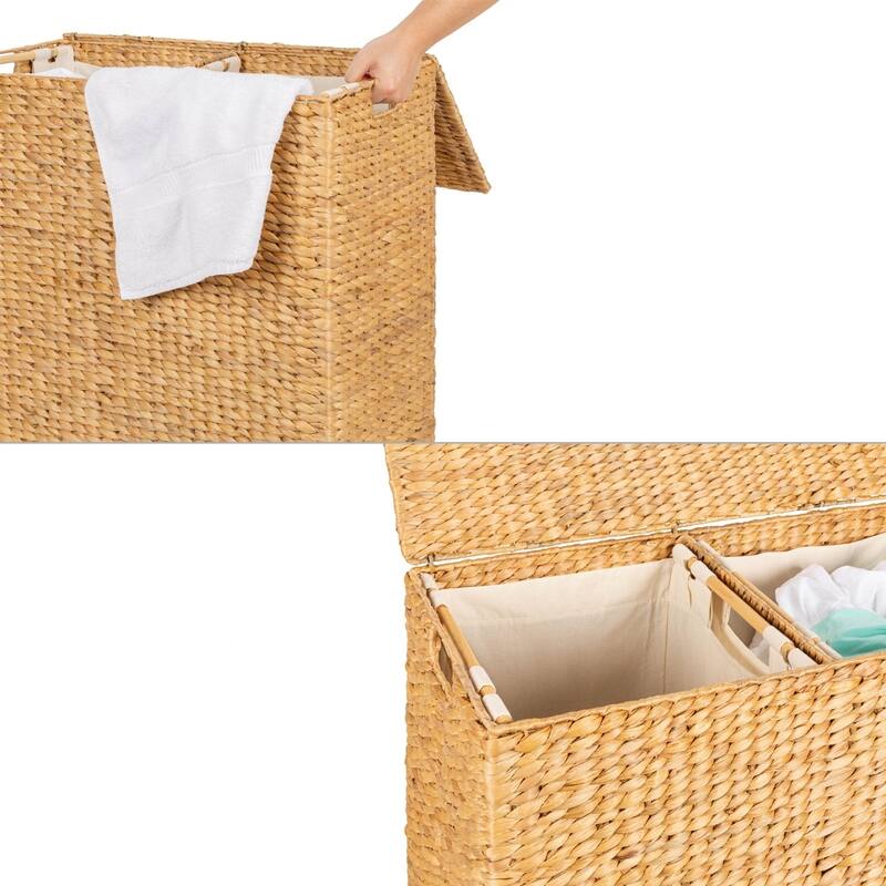 Natural Water Hyacinth 2-Bin Laundry Hamper with Lid and Canvas Liners - 27.5"L x 13.5'W x 27"H
