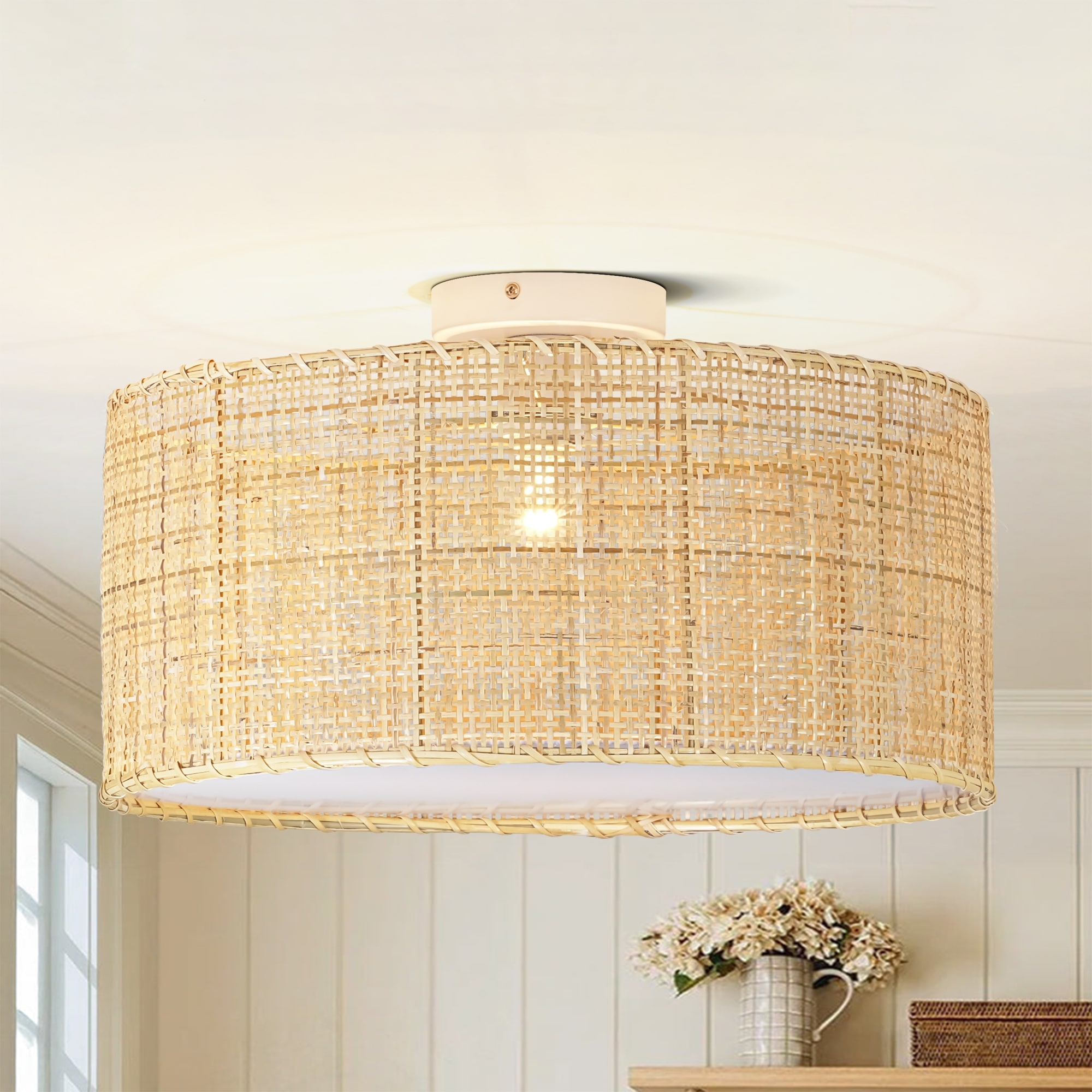 17.7" Boho Coastal Hand-Woven Natural Rattan with Matte White Hardware Semi-Flush Mount Ceiling light for Hallways
