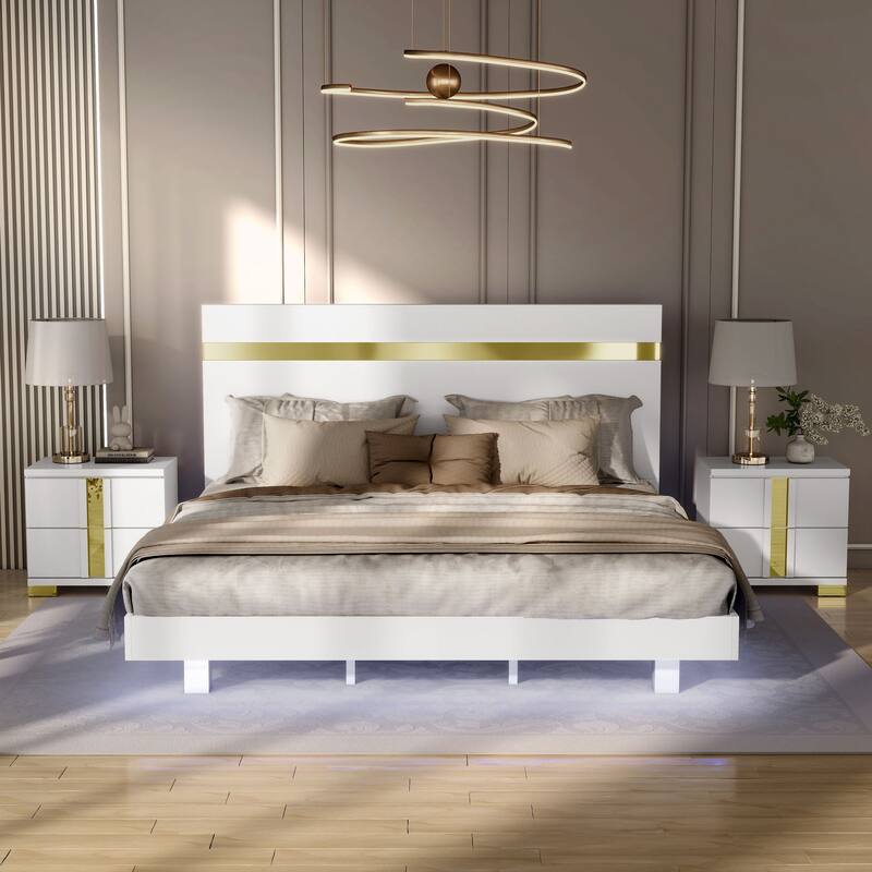 Furniture of America Halifax Modern 3-Piece Wood Platform Bedroom Set with Underbed LED - White - Full