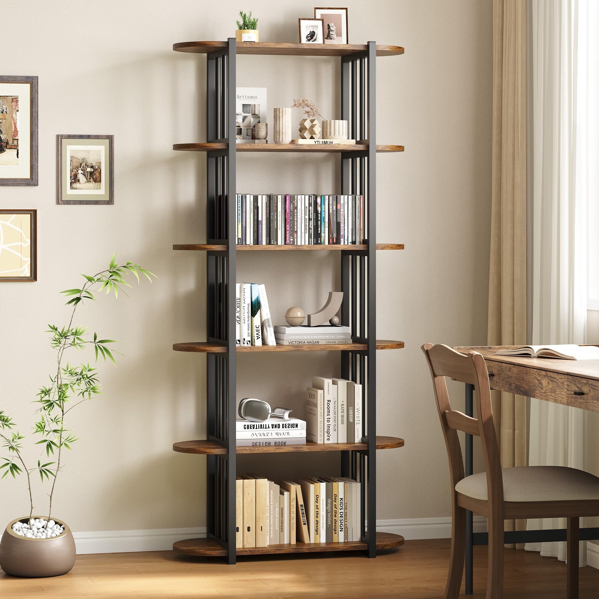 6 Tier Industrial Bookshelf, 71 Inch Tall Narrow Bookcase with