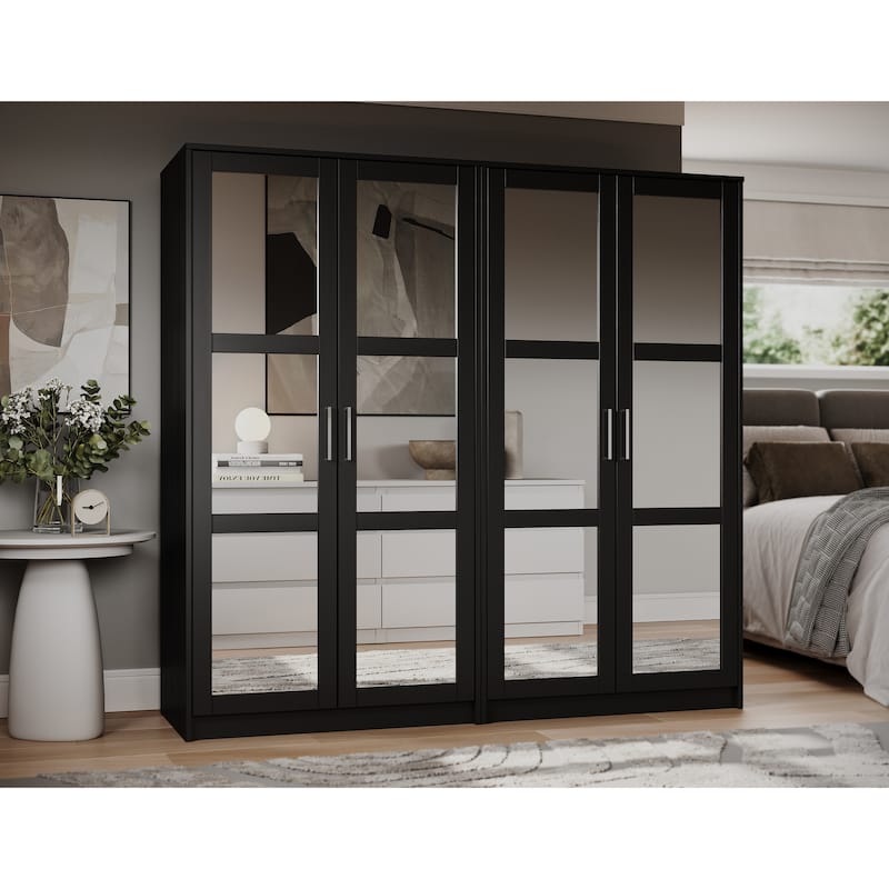 Palace Imports 100% Solid Wood 4-Door Urban Wardrobe Armoire with Mirrored Doors - Black