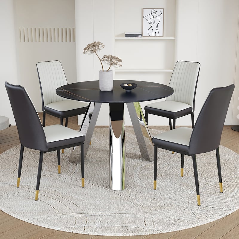 A 42-Inch Round Black Dining Table With A Granite Top And Stainless Steel Legs, Paired With Four Pu Material Dining Chairs