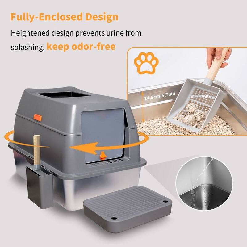 Extra Large Enclosed Stainless Steel Cat Litter Box Metal Litter Tray