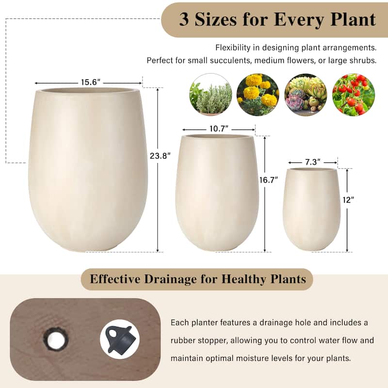 Lightweight Round MGO Outdoor Planter Set-3 Sizes (15.6"/10.74"/7.3"),Large Outdoor Indoor Flower Pots with Drainage Hole