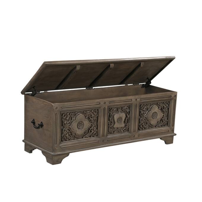 HomeRoots 54" Brown Carved Floral Solid Wood Storage Ottoman