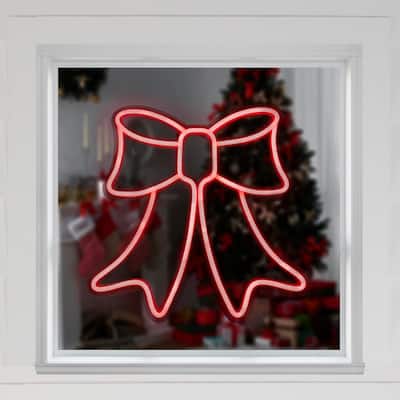 LED Bow Neon Lighted Christmas Wall or Window Decoration - 15" - Red