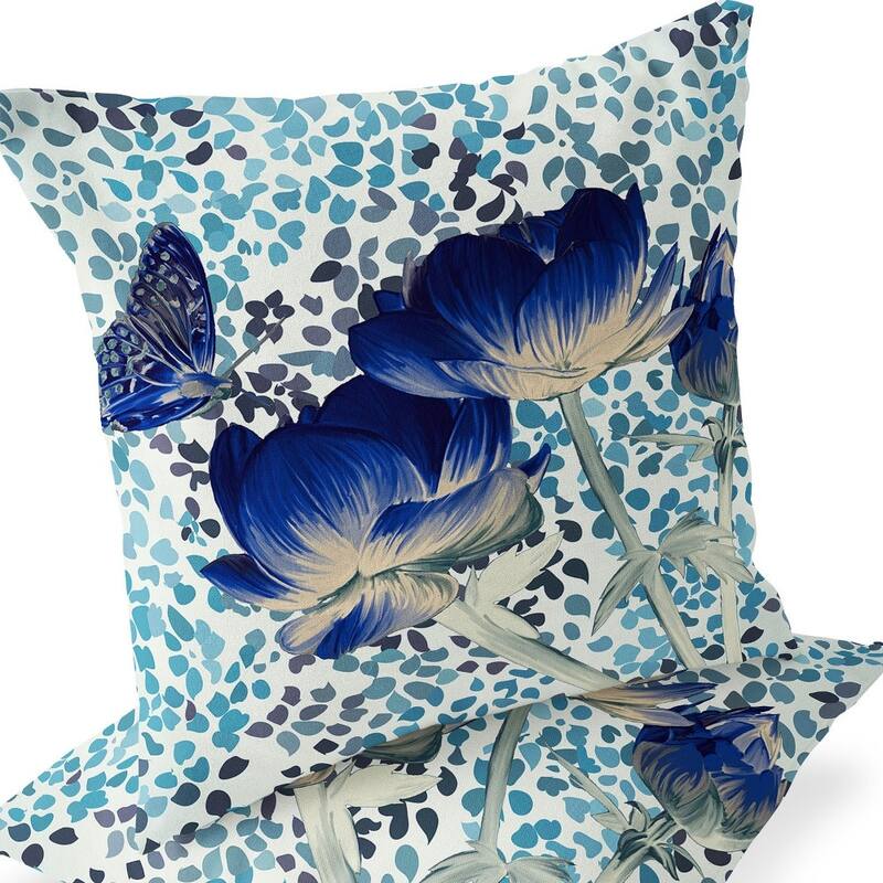 HomeRoots Set of Two 16" X 16" Blue and Off White Butterfly Blown Seam Floral Indoor Outdoor Throw Pillow