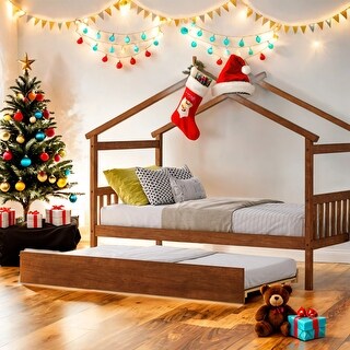 Twin Size Wooden House Bed Platform Bed with Twin Size Trundle and Solid Construction