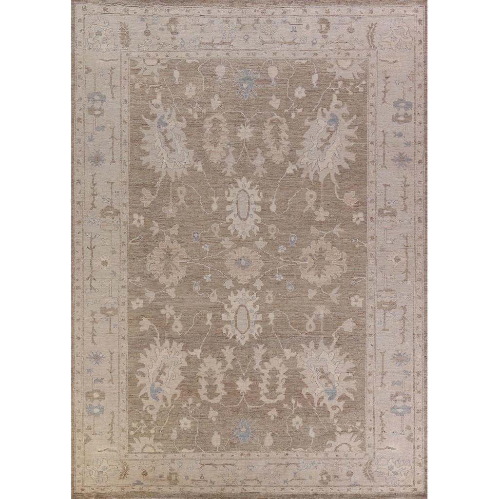 Hand Knotted Oriental 100% Wool Carpet Transitional Floral Brown Oushak Area Rug - 12' 0'' X 9' 4''