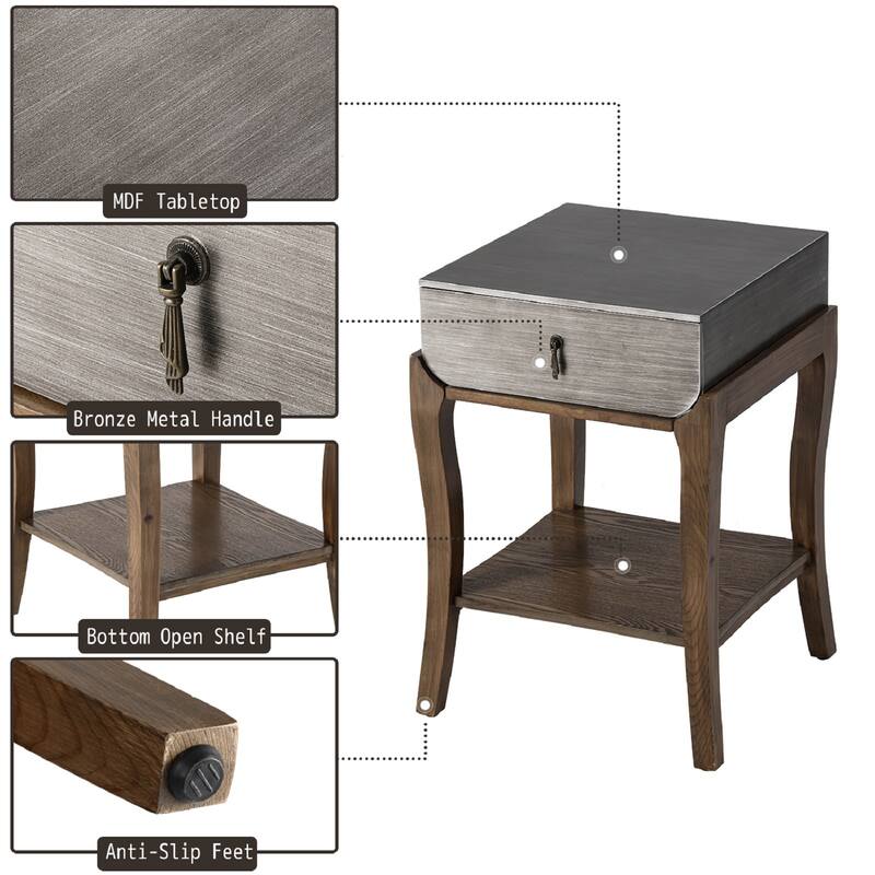 SUNBURY Farmhouse Nightstand Wood Accent End Table w Drawer and Shelf