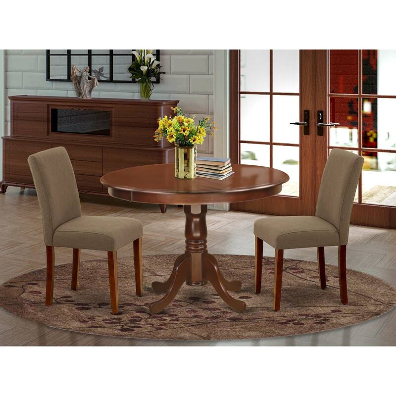 East West Furniture Kitchen Table Set- a Dining Table with Pedestal and 4 Coffee Linen Fabric Chairs, Mahogany(Pieces Options))
