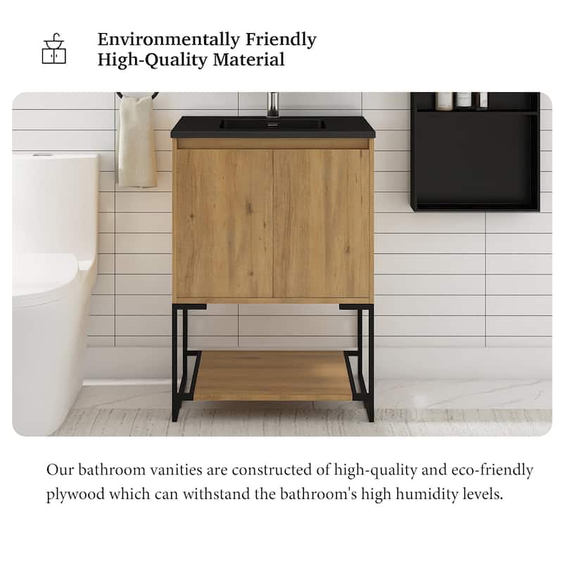 Freestanding Bathroom Vanity Set in Oak with Integrated Solid Surface Sink