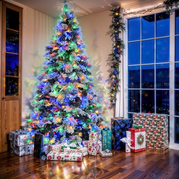 7.5 ft Snow Flocked Pre Lit Christmas Tree with 450 LED Lights Pine Cones and Metal Stand Bed Bath Beyond 42118378