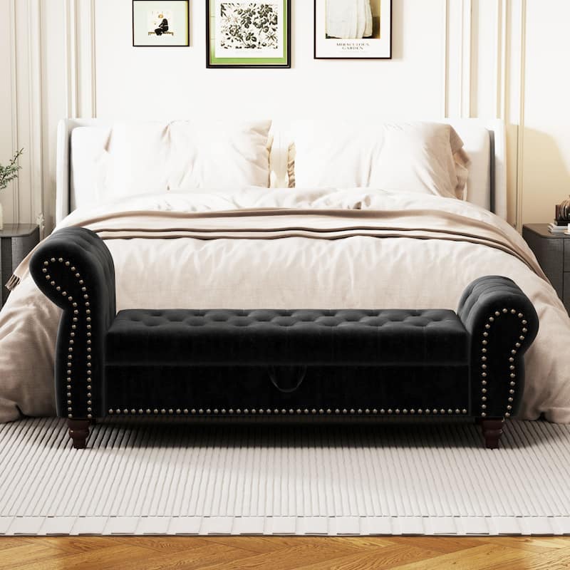 Tufted Upholstery Storage Bench with Nailheads