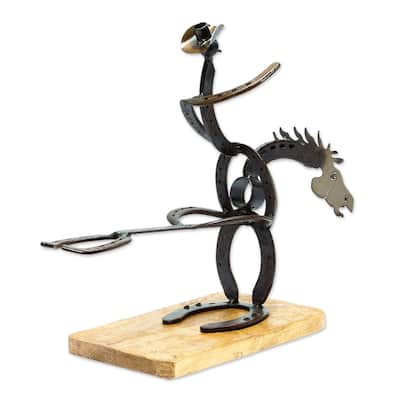 Novica Handmade Equestrian Bottle Wood And Iron Horseshoe Bottle Holder