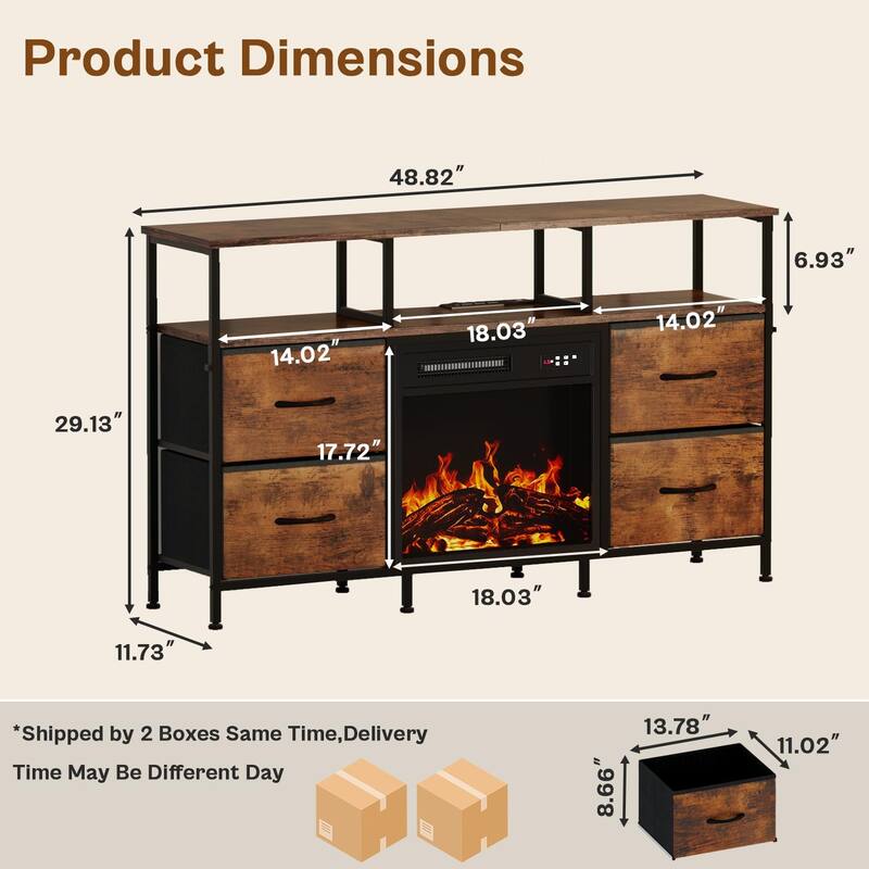 BOSSIN Fireplace TV Stand & Entertainment Center with LED Lights, 4 PU Leather Drawers, Open Shelves, and Built-in Power Outlets