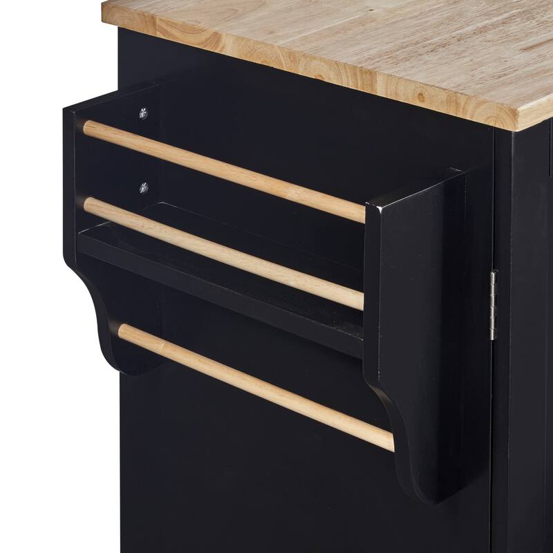 50'' Rubber Wood Kitchen Island with 3 Drawer, Rolling Wheels, 2 Slide-Out Shelf and Internal Storage Rack
