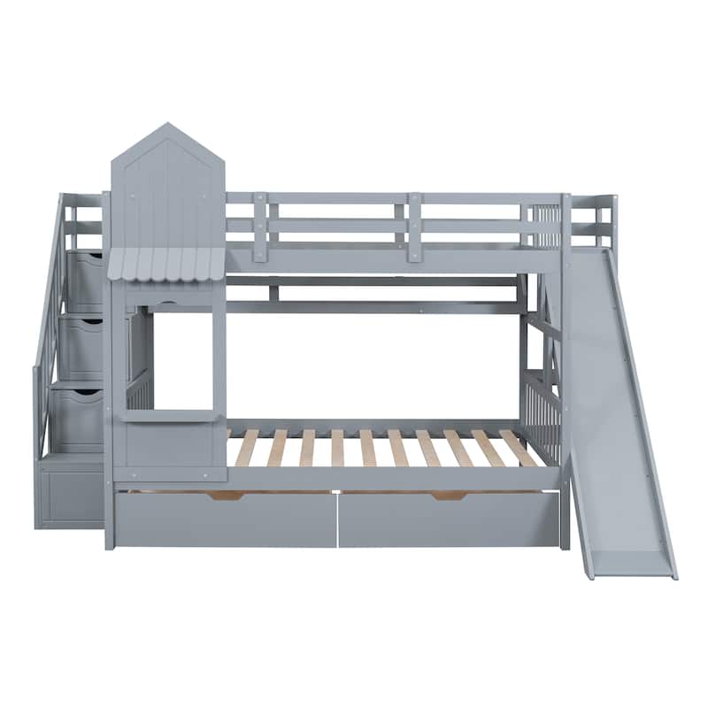 Gray Full over Full Size Solid Wood Castle Style Bunk Bed with 2 Drawers 3 Shelves and Slide for Kids, Bedroom