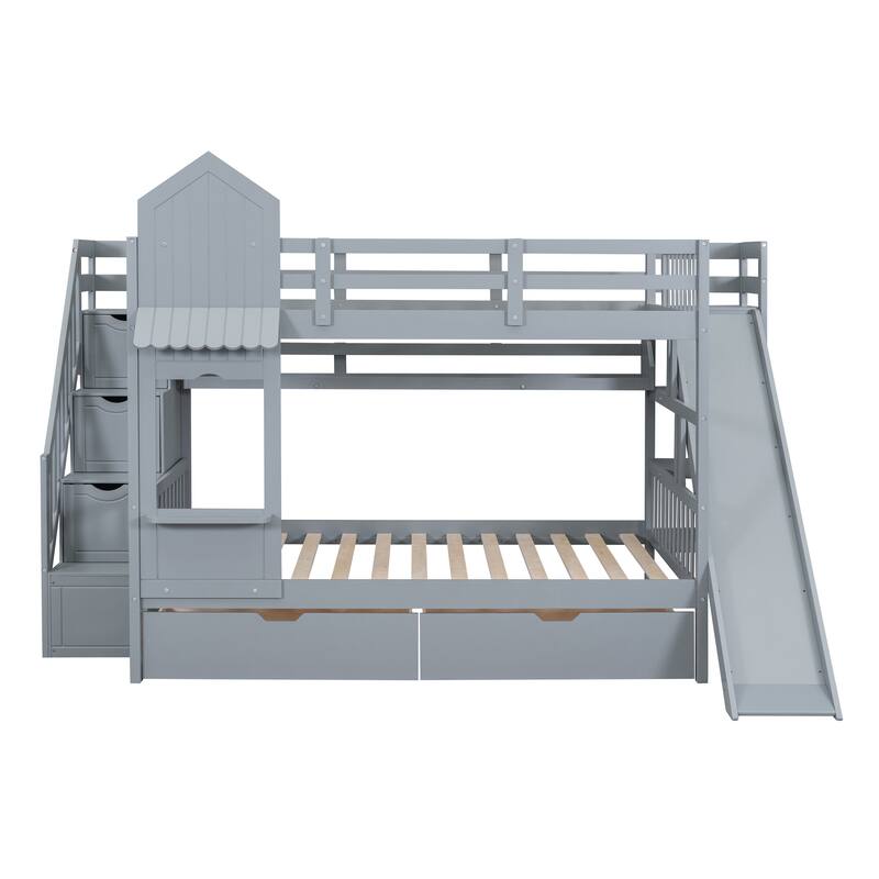 Solid Wood Full Over Full Castle Style Bunk Bed with 2 Drawers 3 Shelves and Slide and Storage Stairs