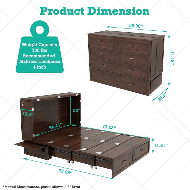 Solid Wood Murphy Bed Full Size with Storage | Space Saving Walnut Cabinet Bed with Easy Pull-Out Mechanism for Bedroom
