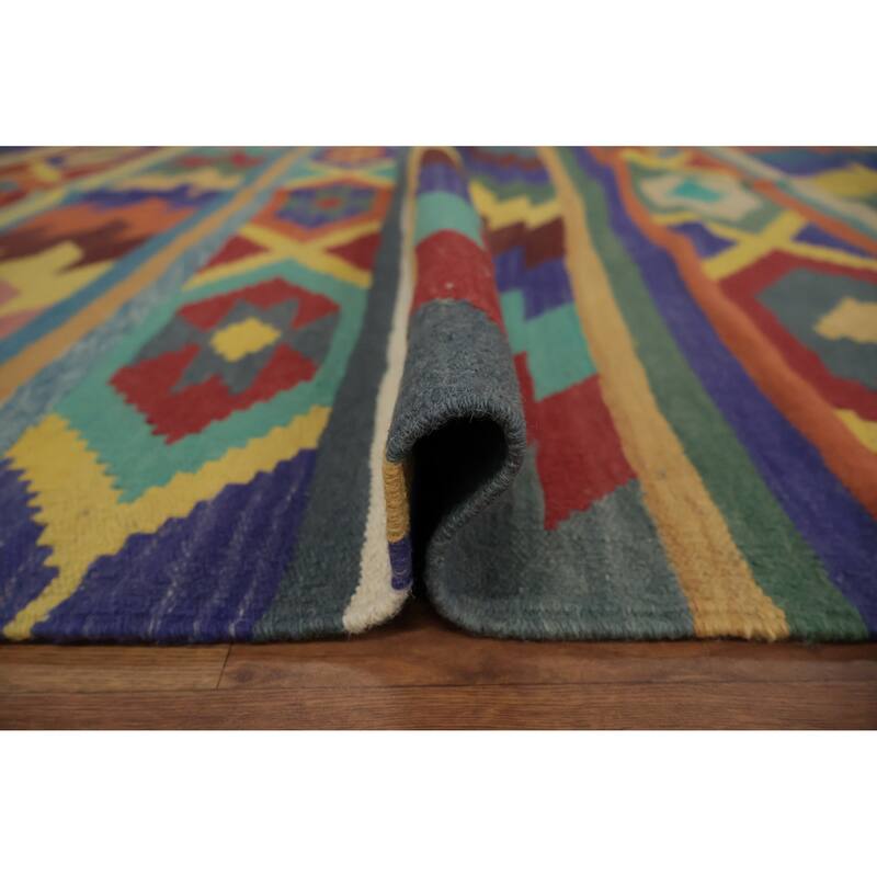 Hand Woven Oriental 100% Wool Carpet Southwestern Tribal Multi-Colored Kilim Area Rug - 13' 5'' X 9' 4''