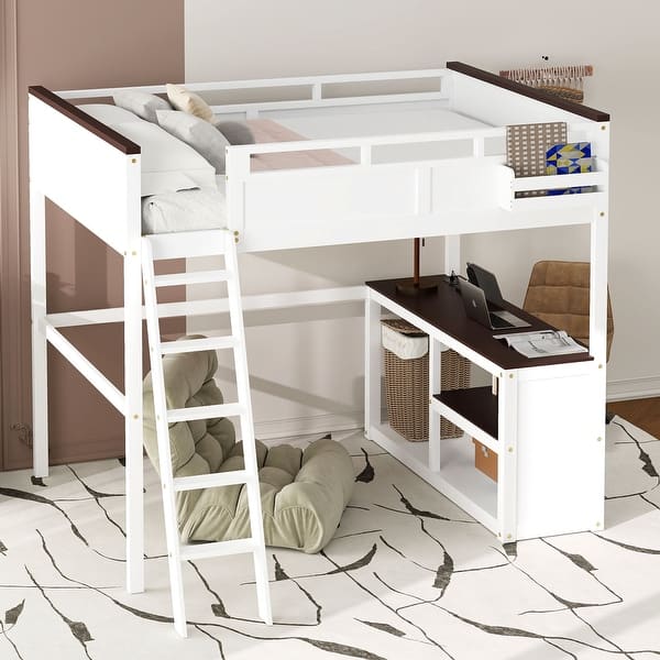 slide 2 of 16, Pine Queen Loft Bed with Desk, Storage & USB White
