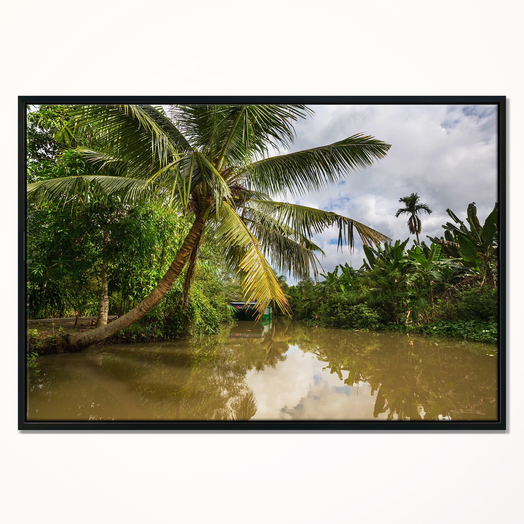 Designart Tropical River With Bent Coconut Palm Oversized Landscape Framed Canvas Art Overstock 18959101