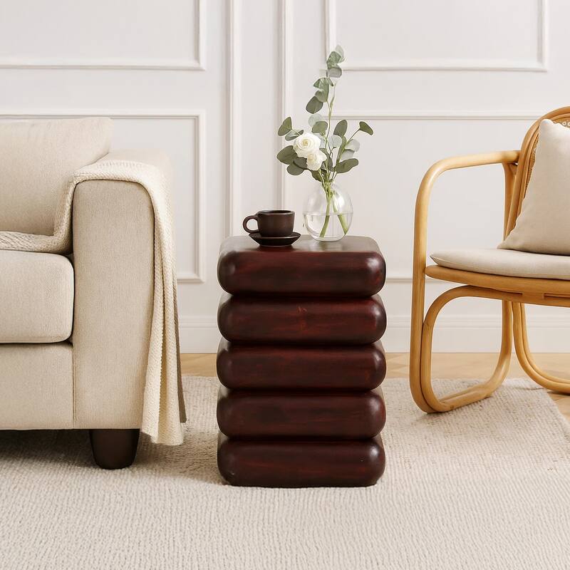 Zyra 18" Side End Table Sculptural Stacked Design Dark Cherry Brown Acacia Wood