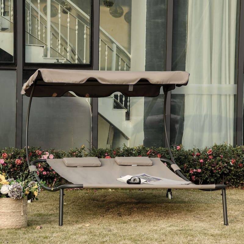 Outsunny Patio Double Chaise Lounge Chair, Outdoor Wheeled Hammock Daybed with Adjustable Canopy and Pillow