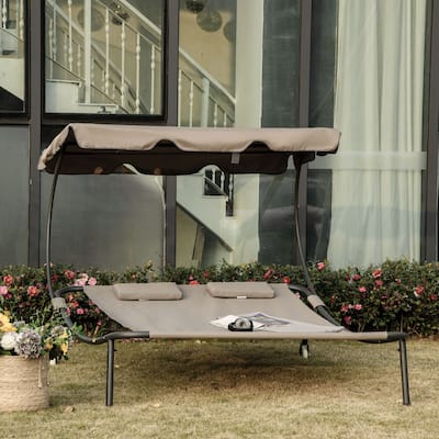Outsunny Patio Double Chaise Lounge Chair, Outdoor Wheeled Hammock Daybed with Adjustable Canopy and Pillow