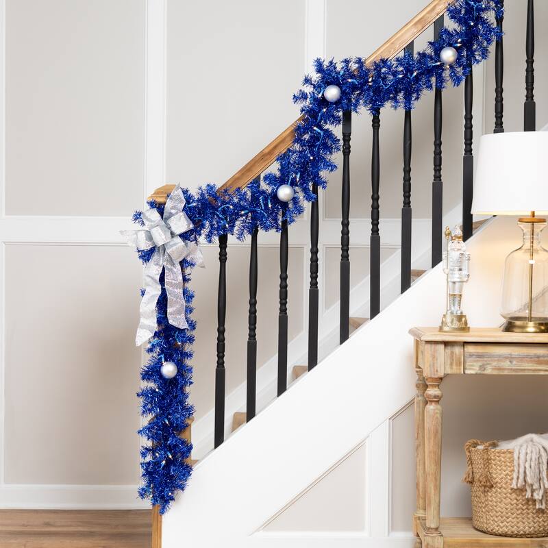 Pre-Lit Artificial Tinsel Christmas Garland - 9' x 8" - Blue - Clear Lights