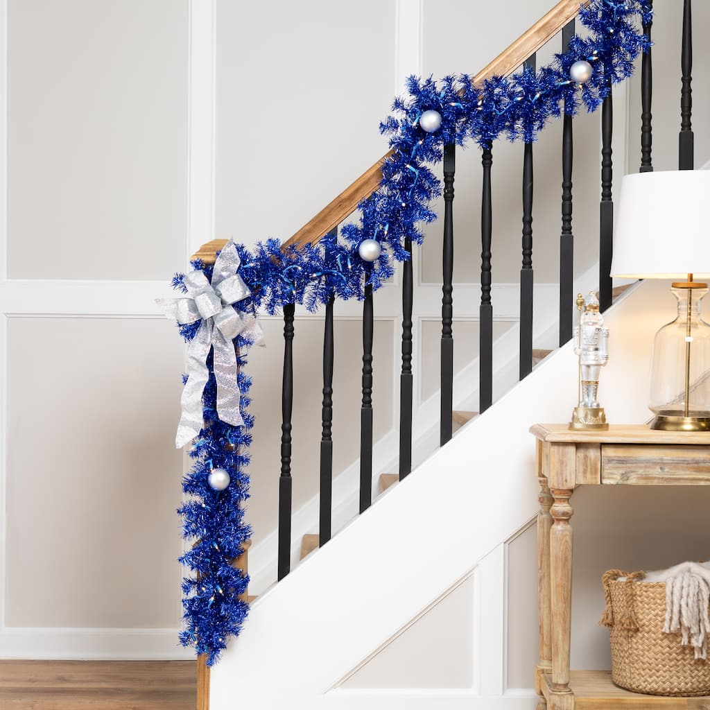 Pre-Lit Artificial Tinsel Christmas Garland - 9' x 8" - Blue - Clear Lights